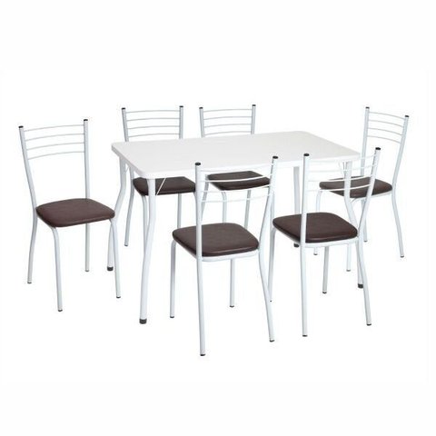 Mesa com 6 Cadeiras Branca 117x70 Assento Marrom - Fil Móveis