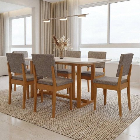 Conjunto Sala de Jantar 6 Cadeiras Tampo de Vidro Filadélfia Natural Cerejeira/Café