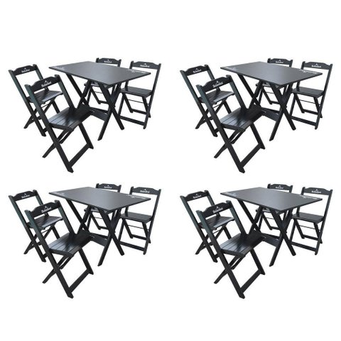 Kit 4 Conjuntos Mesa Dobrável Madeira 110x70 com 4 Cadeiras Personalizada Hei Preta - Cor: Preto