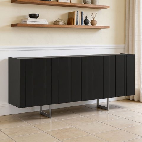 Aparador Buffet para Sala de Jantar 4 Portas 180cm Pés Industrial Alina N01 Preto Champanhe Lyam Dec