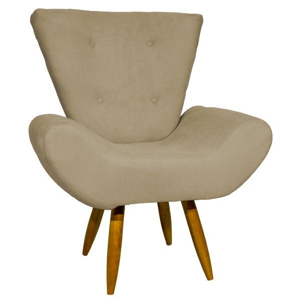 POLTRONA DECORATIVA PARA SALA EMILIA SUEDE NUDE PÉ CASTANHO – CLIQUE E DECORE