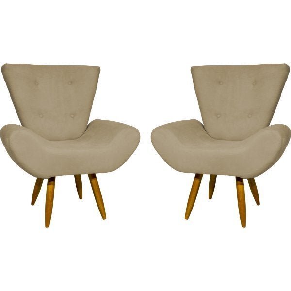 KIT 2 POLTRONAS DECORATIVAS PARA SALA EMILIA SUEDE NUDE PÉ CASTANHO – CLIQUE E DECORE