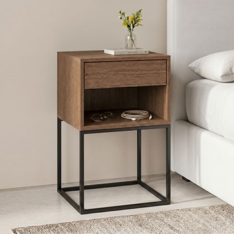 Mesa de Cabeceira com Gaveta Estilo Industrial Nicho MDF Base em Aço Metalon Freijó/Preto Lh Móveis
