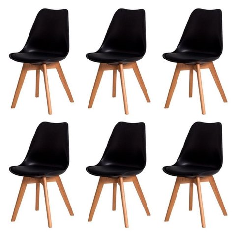 Kit C/6 Cadeiras Leda – Charles Eames, Saarinen Wood com Almofada Preta