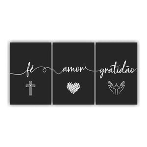 Quadros Decorativos Parede 3 Peças Amor Fe Gratidão Mdf:Estampado