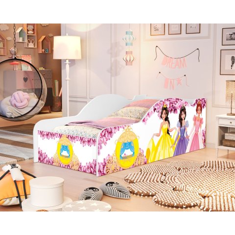 Mini Cama Carro Infantil com Proteção Lateral de Mdf Design Moderno de Princesas