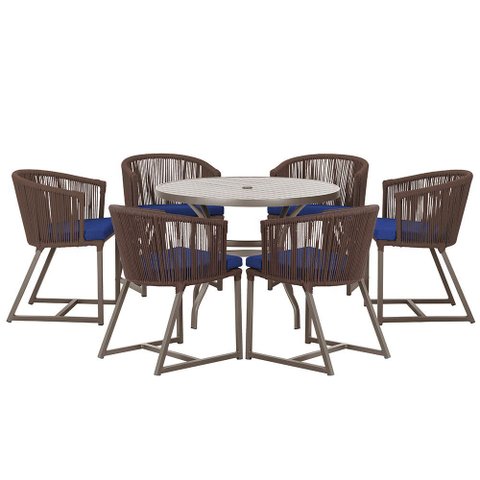 Mesa com 6 Cadeiras de Jantar Roma 120cm e Noronha em Alumínio Marrom Corda Náutica Estofado 10 Tram