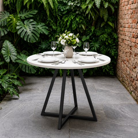 Mesa de Sala e Jantar Paris Modelo Industrial Moderno Tampo Redondo Branco com Base de Ferro Preto
