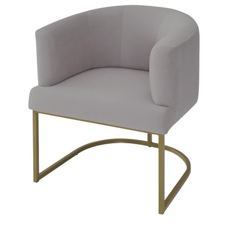Poltrona Decorativa Arredondada Emi Base de Ferro Dourado em Veludo Cinza Claro Estofama
