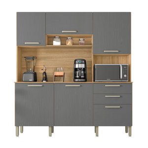Armário de Cozinha Compacta 6 Portas 2 Gavetas Ferrara - Freijó/gris