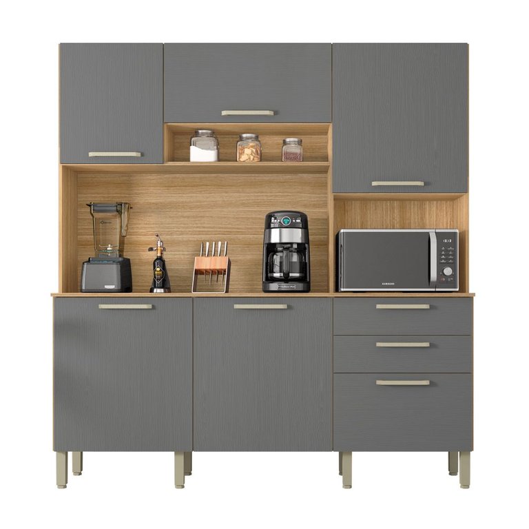 Armário de Cozinha Compacta 6 Portas 2 Gavetas Ferrara - Freijó/gris Armário de Cozinha Compacta 6 Portas 2 Gavetas Ferrara - Freijó/gris