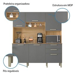 Armário de Cozinha Compacta 6 Portas 2 Gavetas Ferrara - Freijó/gris - 5