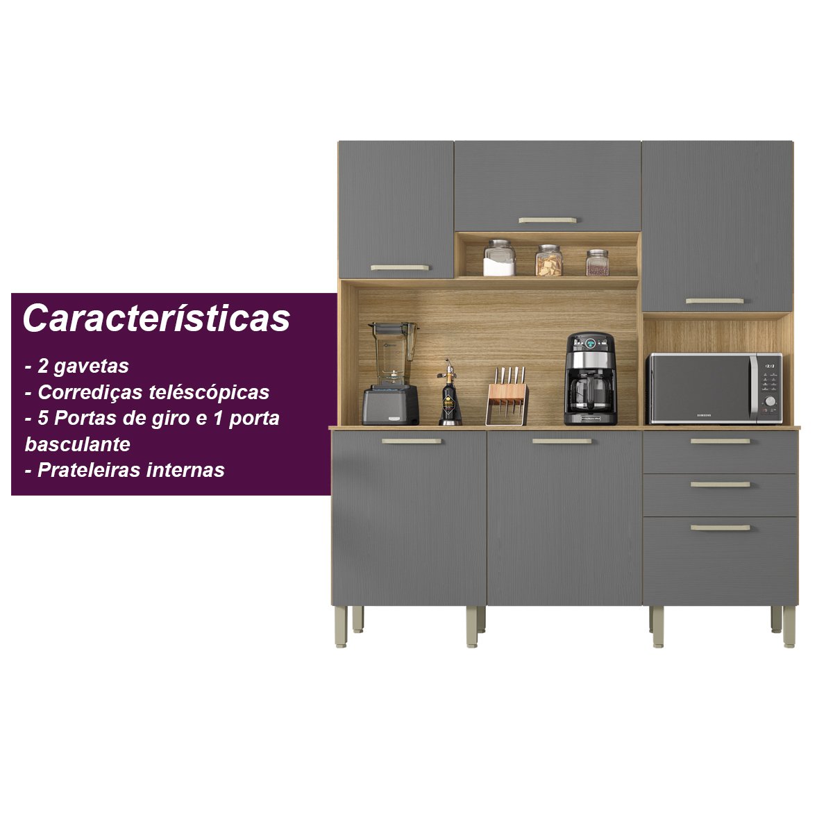 Armário de Cozinha Compacta 6 Portas 2 Gavetas Ferrara - Freijó/gris - 6