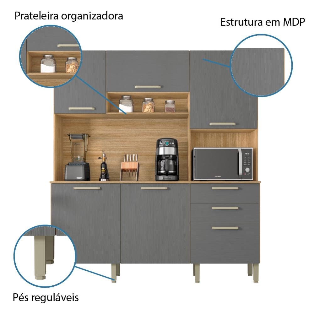 Armário de Cozinha Completa Ferrara 6 Portas 1 Gaveta Freijó / Grafite - 4