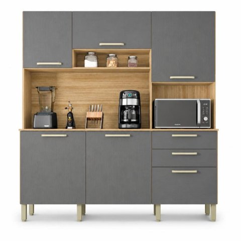 Armário de Cozinha Compacta 6 Portas 2 Gavetas Ferrara - Freijó/Gris