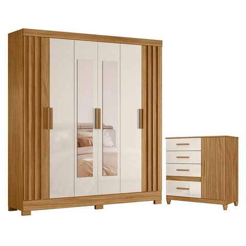 Guarda Roupa Casal Valença com Espelho e Cômoda Vênus com Pés Freijó Off White – Moval
