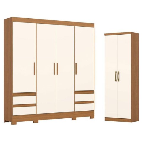 Guarda Roupa Casal 04 Portas 04 Gavetas B383 com Armário Multiuso Margarida Cinamomo Off White-