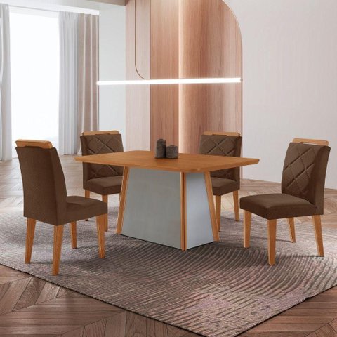Mesa de Jantar Diane e 4 Cadeiras Melissa Moderna Mobilia Veludo Marrom/naturalle Laminado