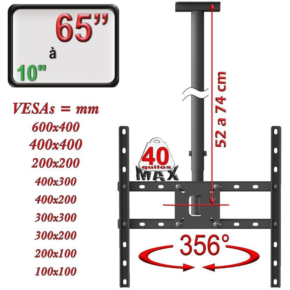Suporte Teto Tv 10"-65" Vesa 600x400 Giro 360° Novo - Preto - 3