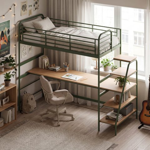 Cama Alta com Escrivaninha Multifuncional em Aço Carbono Tubular Teko Casatema MadeiraOriginals Verde/Álamo
