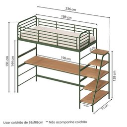 Cama Alta com Escrivaninha Multifuncional em Ferro Aço Carbono Tubular Teko Casatema - 3