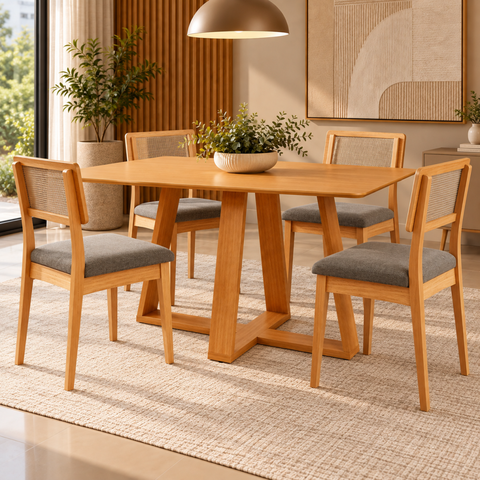 Conjunto Mesa de Jantar MDF 4 Cadeiras Estofadas e Tela Sintética Carvalho Rose/Grafite - Dalla Cost