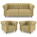 Ver imagem 2 de Conjunto Sala de Estar 1 Sofá Living 180cm e 2 Poltronas Stanford Chesterfield Pés Madeira Couro Beg