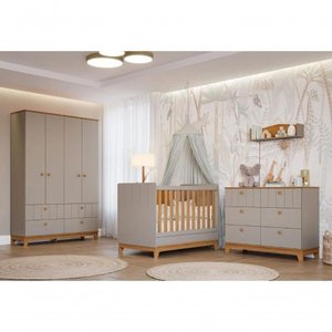 Quarto para Bebê Completo Guarda Roupa Cômoda e Berço 100% Mdf Biscoito Permobili Fendi/nature