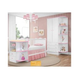 Quarto De Bebê Completo Doce Sonho Qmovi 2 Peças Berço Com Cantoneira E Roupeiro Branco Rosa - 1