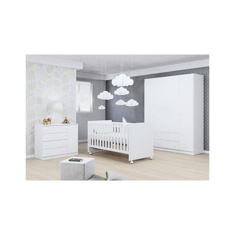 Quarto de Bebê Guarda-roupa 4 Portas Cômoda e Berço - Bymóveis - Phoenix Baby