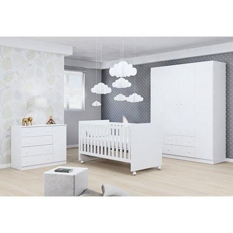 Quarto de Bebê Guarda-Roupa 4 Portas Cômoda e Berço - Bymóveis - Phoenix Baby
