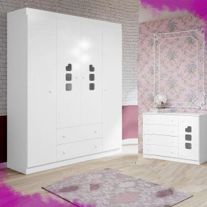 Guarda-Roupa 4 Portas + Cômoda 4 Gavetas Ana Livia - Phoenix Baby - Branco