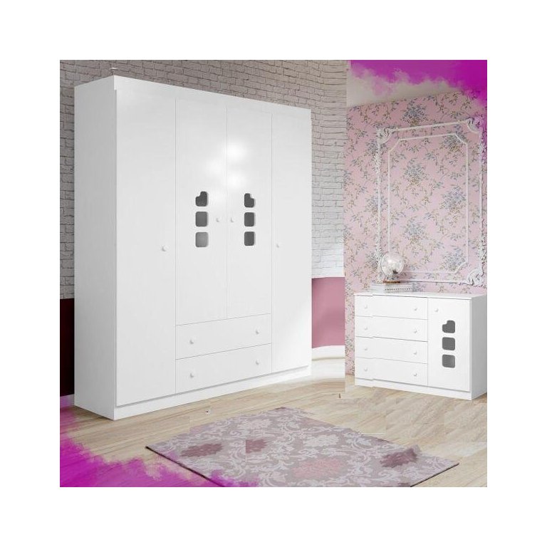 Guarda-Roupa 4 Portas + Cômoda 4 Gavetas Ana Livia - Phoenix Baby - Branco