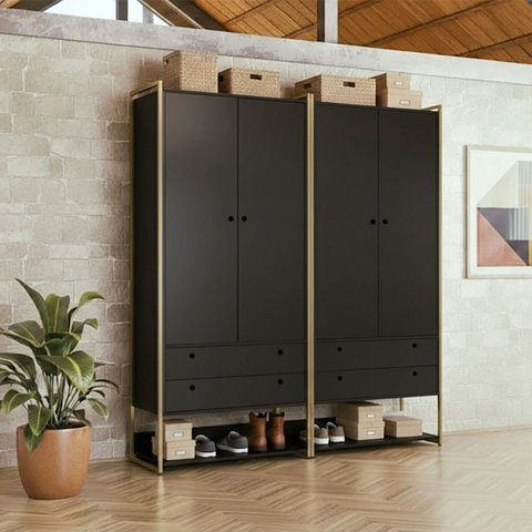 Guarda Roupa Closet Modulado 4 Gavetas 2 Cabideiros Estrutura Metalica 180cm Olivar Preto/Ac