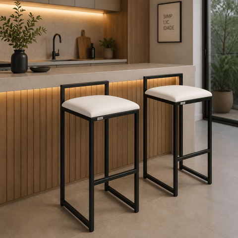 Kit 2 Banqueta Gourmet Alta Balcão Moderno Cozinha Sala Jantar de Ferro Couro Sintético