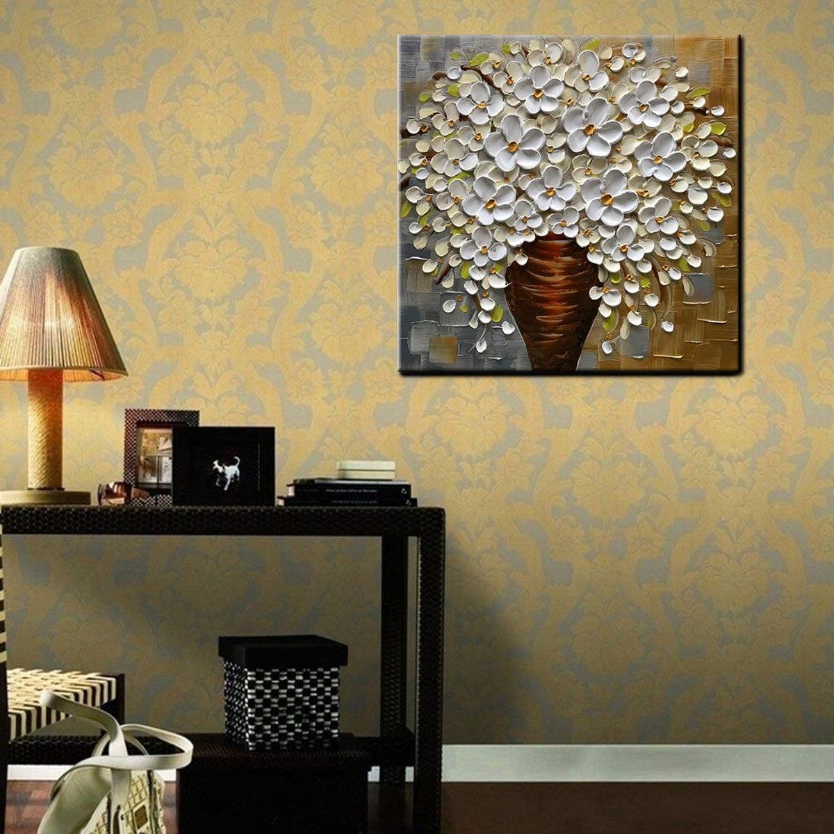 Quadro Pintura Tela flor vaso branca óleo quadrada 5326: 130cm (A) x 130	cm (L) - 1
