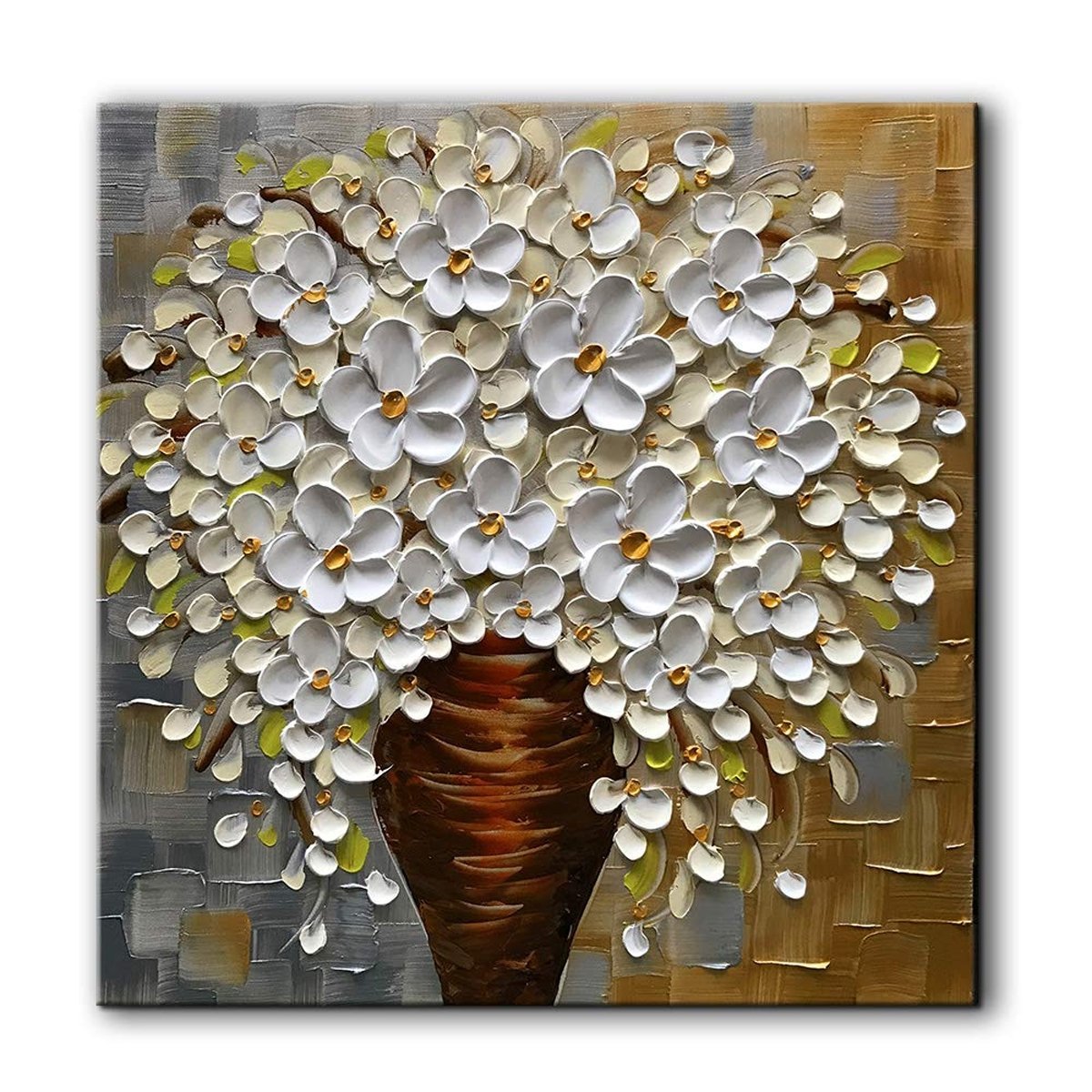 Quadro Pintura Tela flor vaso branca óleo quadrada 5326: 130cm (A) x 130	cm (L) - 2