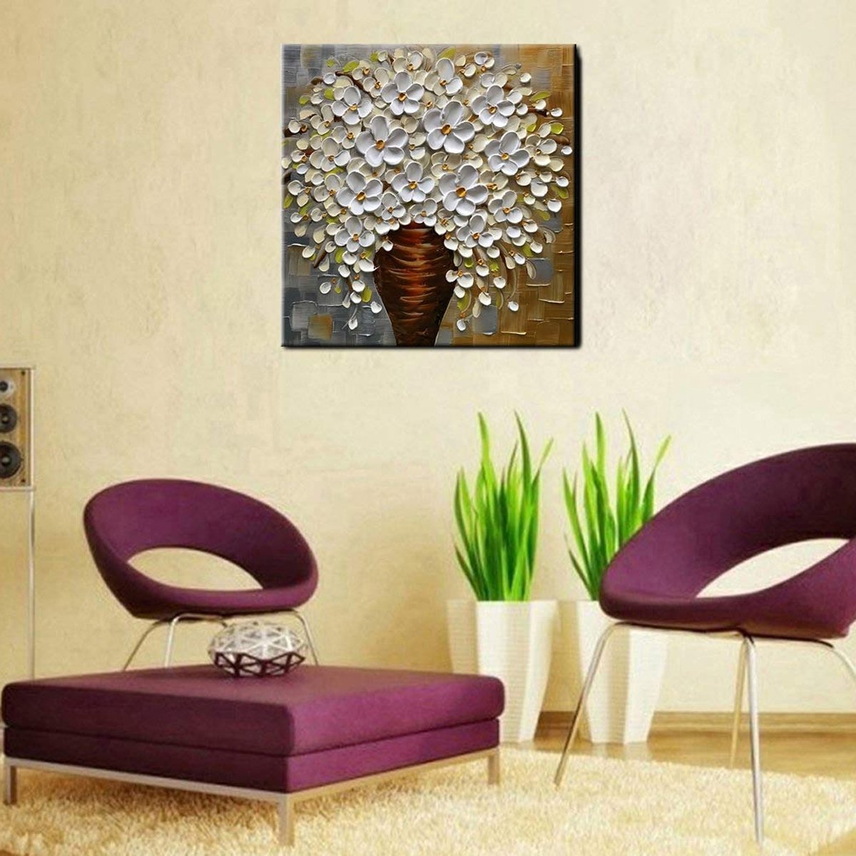 Quadro Pintura Tela flor vaso branca óleo quadrada 5326: 130cm (A) x 130	cm (L) - 5