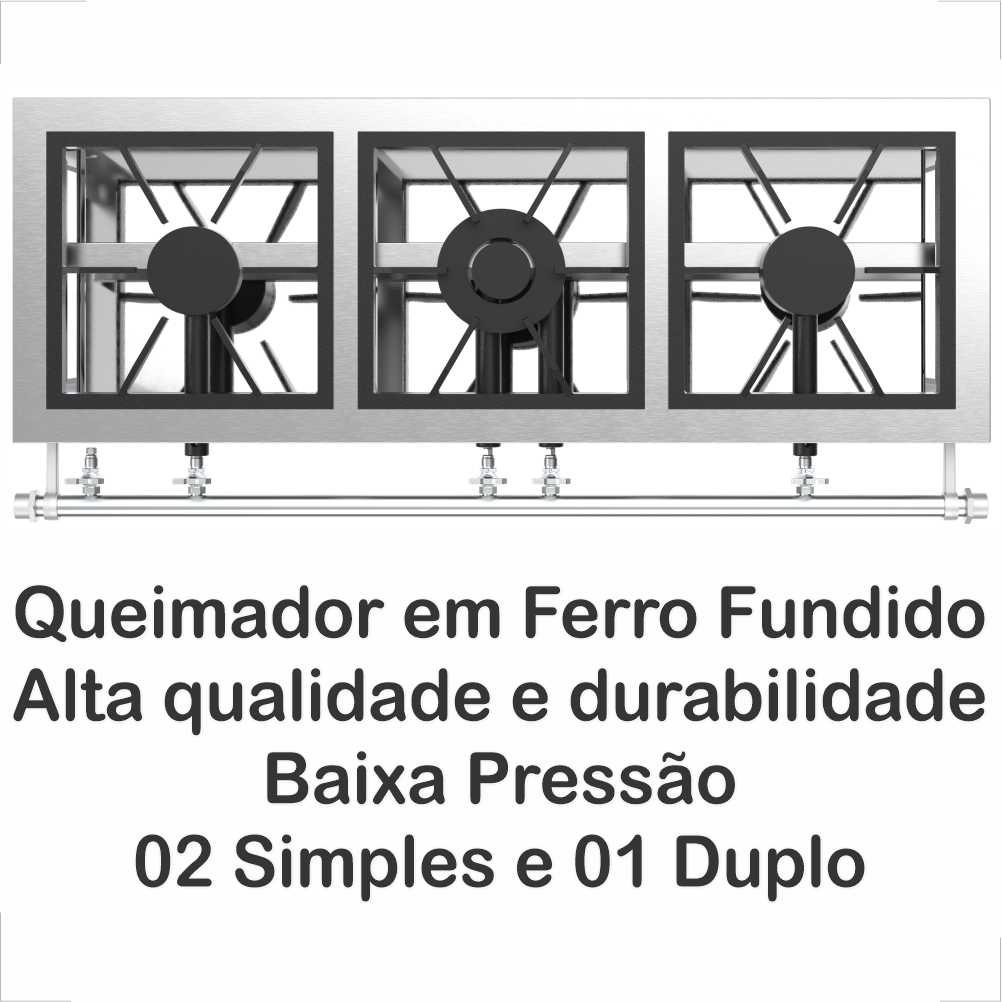 Fogão Industrial Inox 3 Tres Bocas de Baixa Pressão Queimador 2 Simples e 1 Duplo Chiquim Fogão Indu - 3