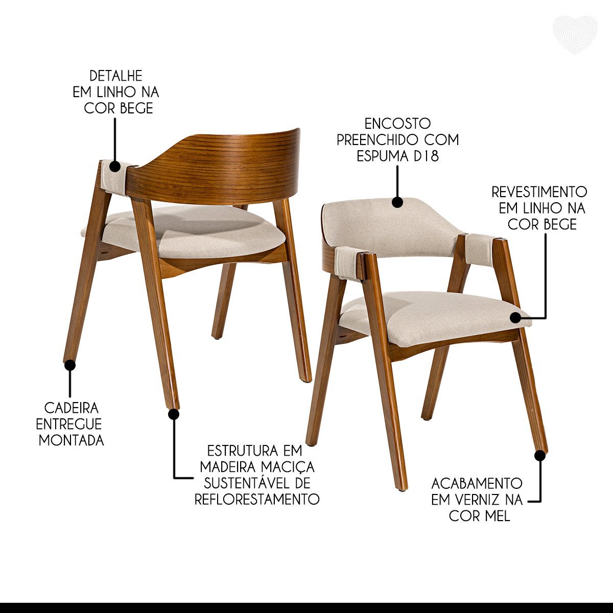 Kit 6 Cadeiras para Mesa de Jantar Lua com Estofado Linho Bege L59 Rmi - 3