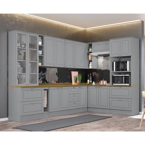 Cozinha Modulada de Canto 10 Peças 14 Portas 7 Gavetas Americana Henn - Cinza/nature