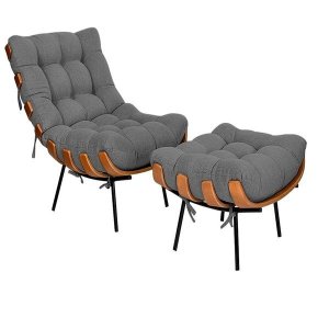 Poltrona com Puff Sala Quarto Recepção Escritório  Costela Esqueleto Base Fixa Linho Chumbo