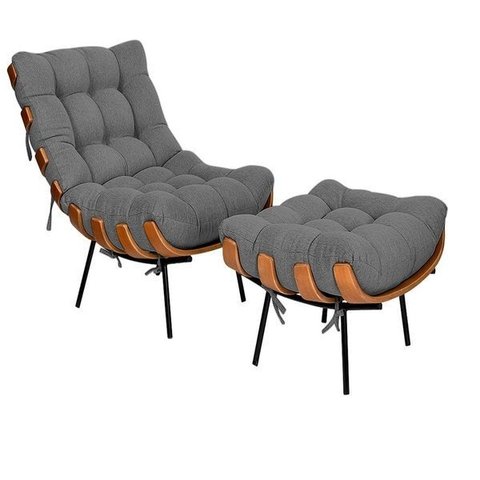 Poltrona com Puff Sala Quarto Recepção Escritório Costela Esqueleto Base Fixa Linho Chumbo