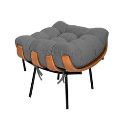 Poltrona com Puff Sala Quarto Recepção Escritório  Costela Esqueleto Base Fixa Linho Chumbo - 3