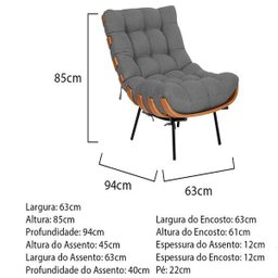 Poltrona com Puff Sala Quarto Recepção Escritório  Costela Esqueleto Base Fixa Linho Chumbo - 2