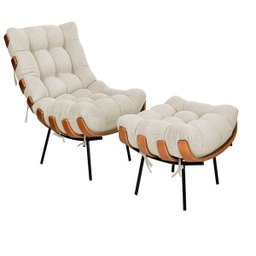 Poltrona com Puff Sala Quarto Recepção Escritório  Costela Esqueleto Base Fixa Linho Bege - 1