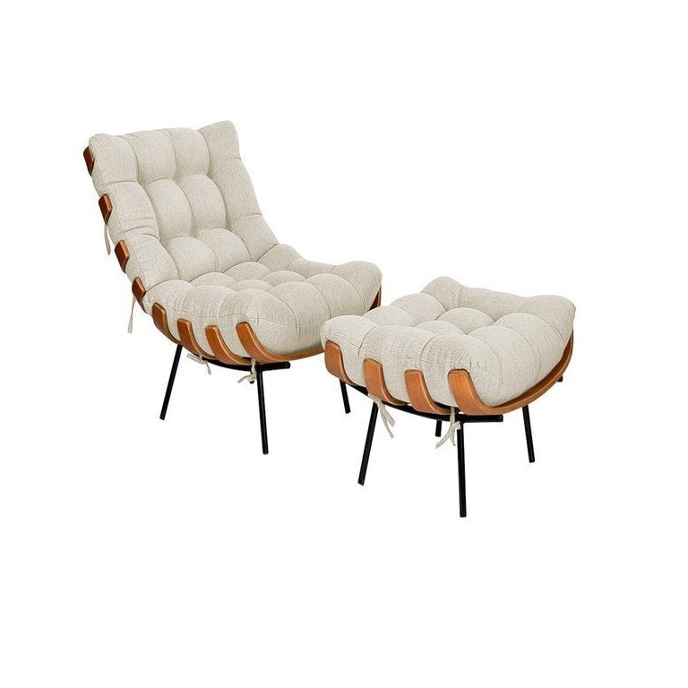 Poltrona com Puff Sala Quarto Recepção Escritório  Costela Esqueleto Base Fixa Linho Bege