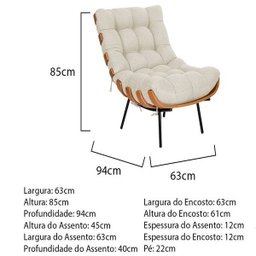 Poltrona com Puff Sala Quarto Recepção Escritório  Costela Esqueleto Base Fixa Linho Bege - 2