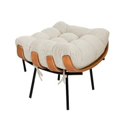 Poltrona com Puff Sala Quarto Recepção Escritório  Costela Esqueleto Base Fixa Linho Bege - 3