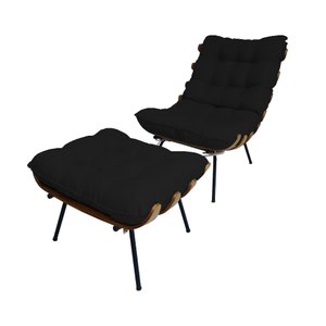 Poltrona com Puff Sala Quarto Recepção Escritório Costela Esqueleto Base Fixa Courino Preto